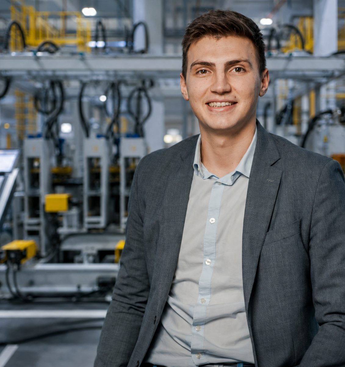 A smiling young business owner on an automated factory floor