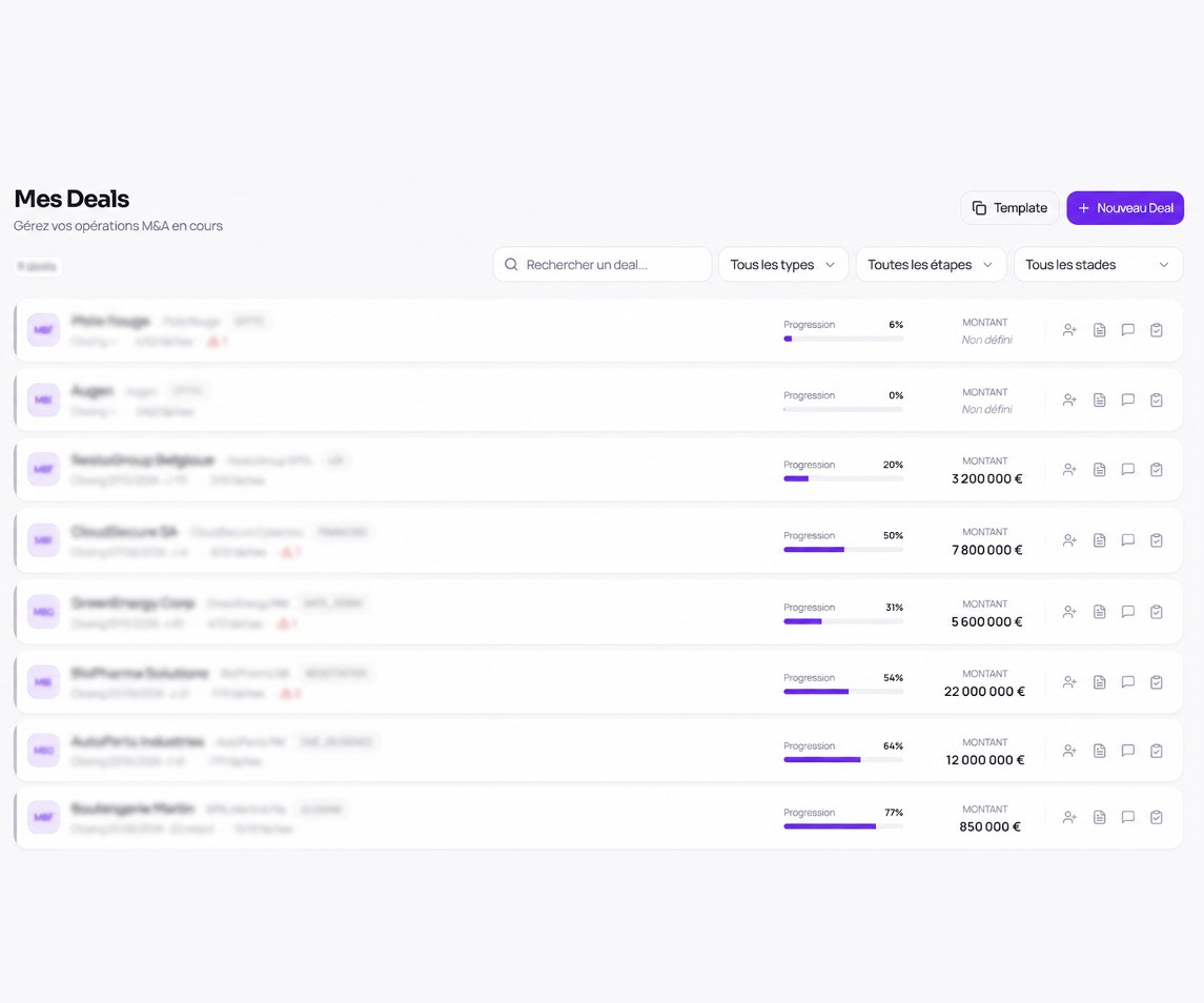 Interface PurpleShares affichant la liste des opérations en cours