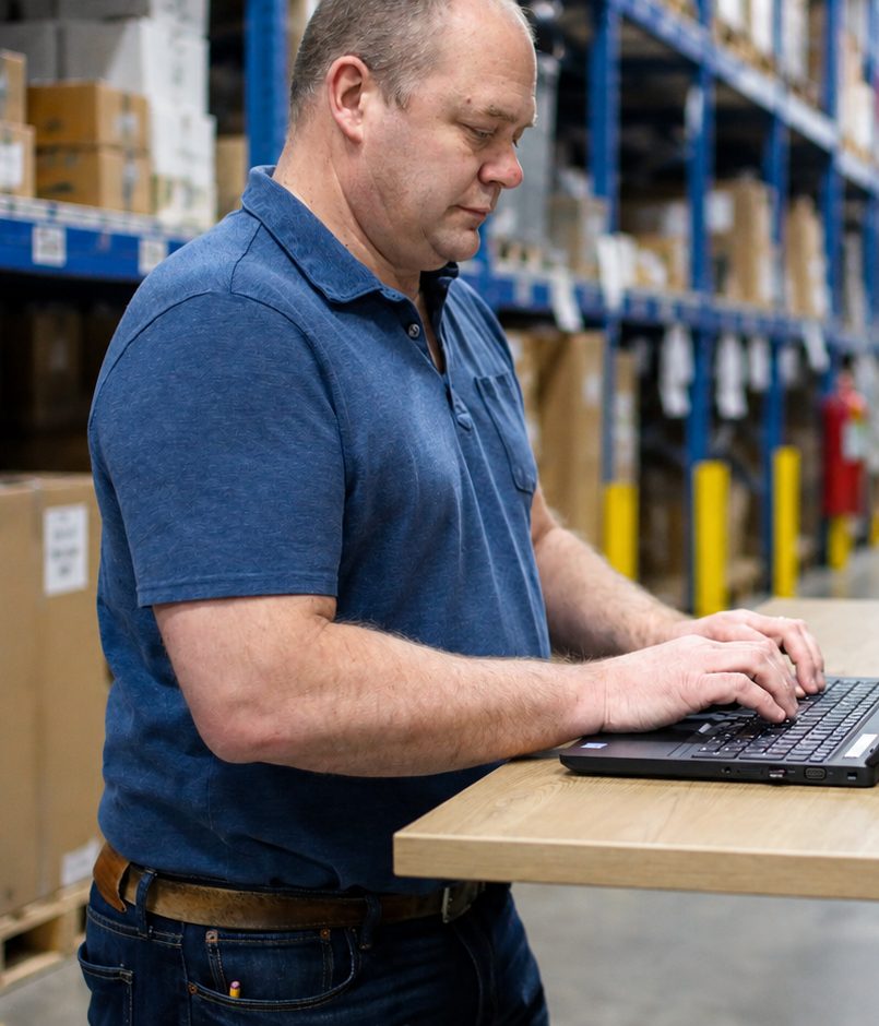 Un salarié travaille sur son ordinateur portable dans un entrepôt